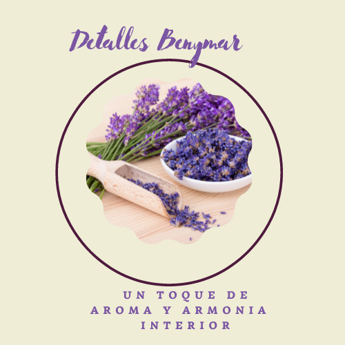 Logo de Detalles BenyMar: lavanda fresca y un cuenco de lavanda seca sobre madera, con el lema "Un toque de aroma y armonía interior".